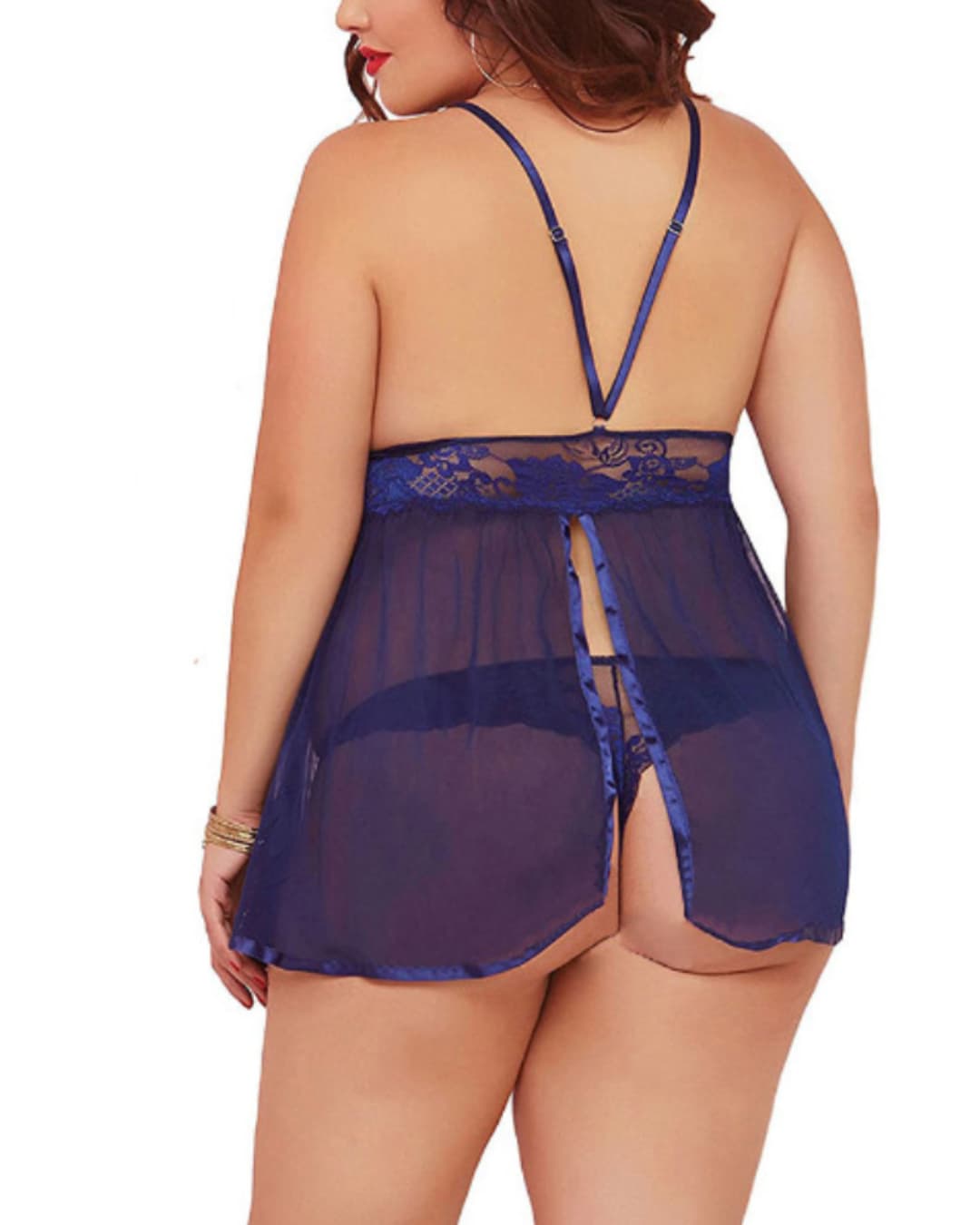 Sheer Lace Mesh Camisole Nightdress – Blue