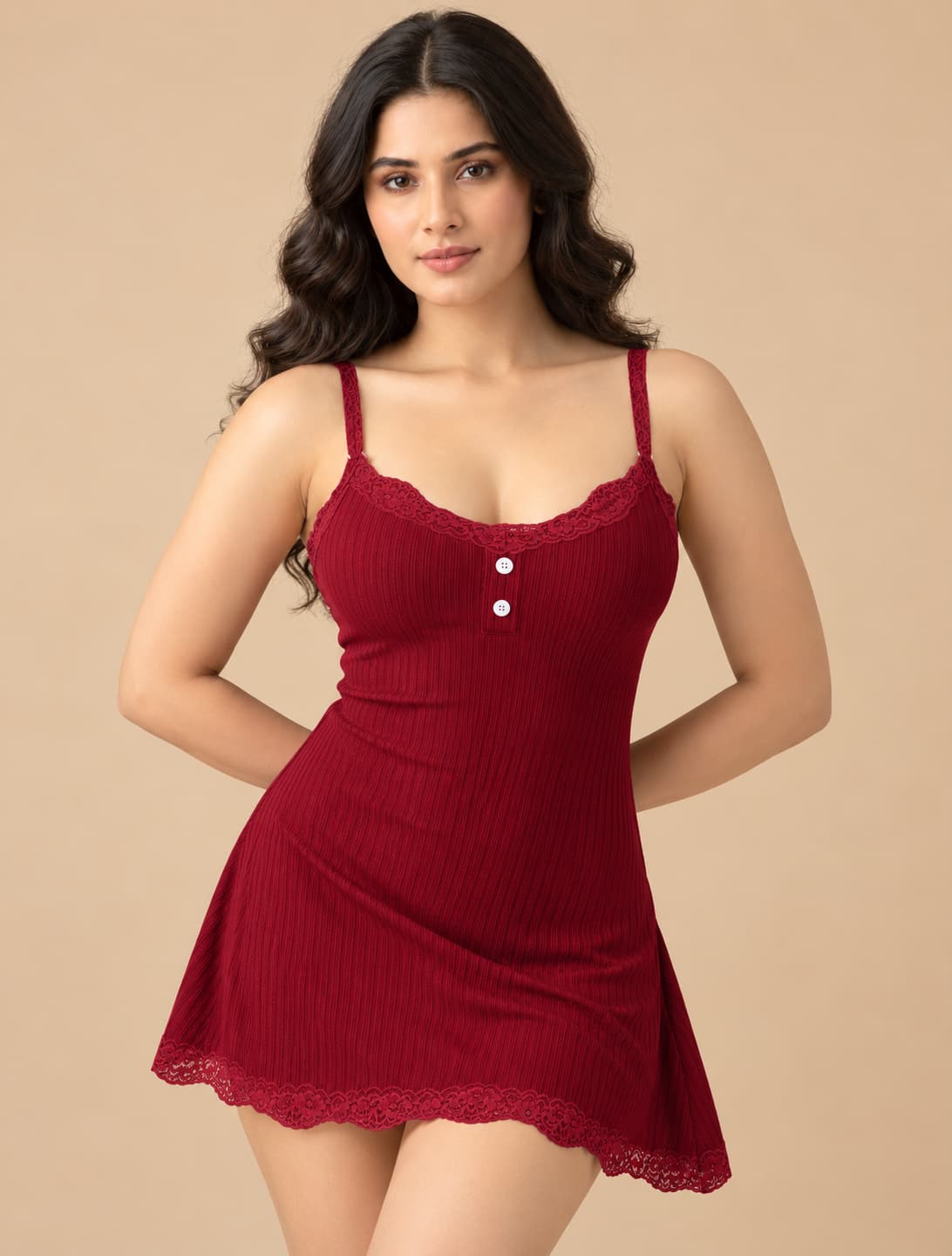 Elegant Lace Camisole Nightdress – Wine Red