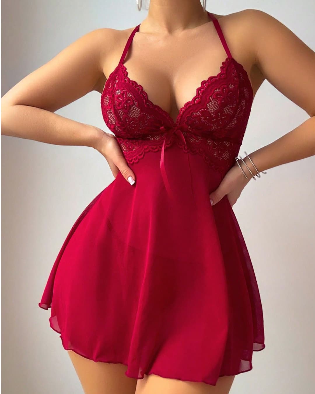 Sheer Lace Mesh Camisole Nightdress – Wine Red