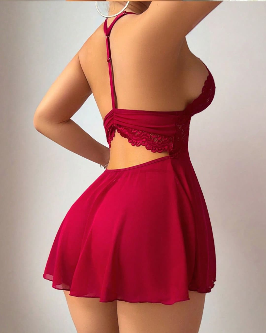 Sheer Lace Mesh Camisole Nightdress – Wine Red
