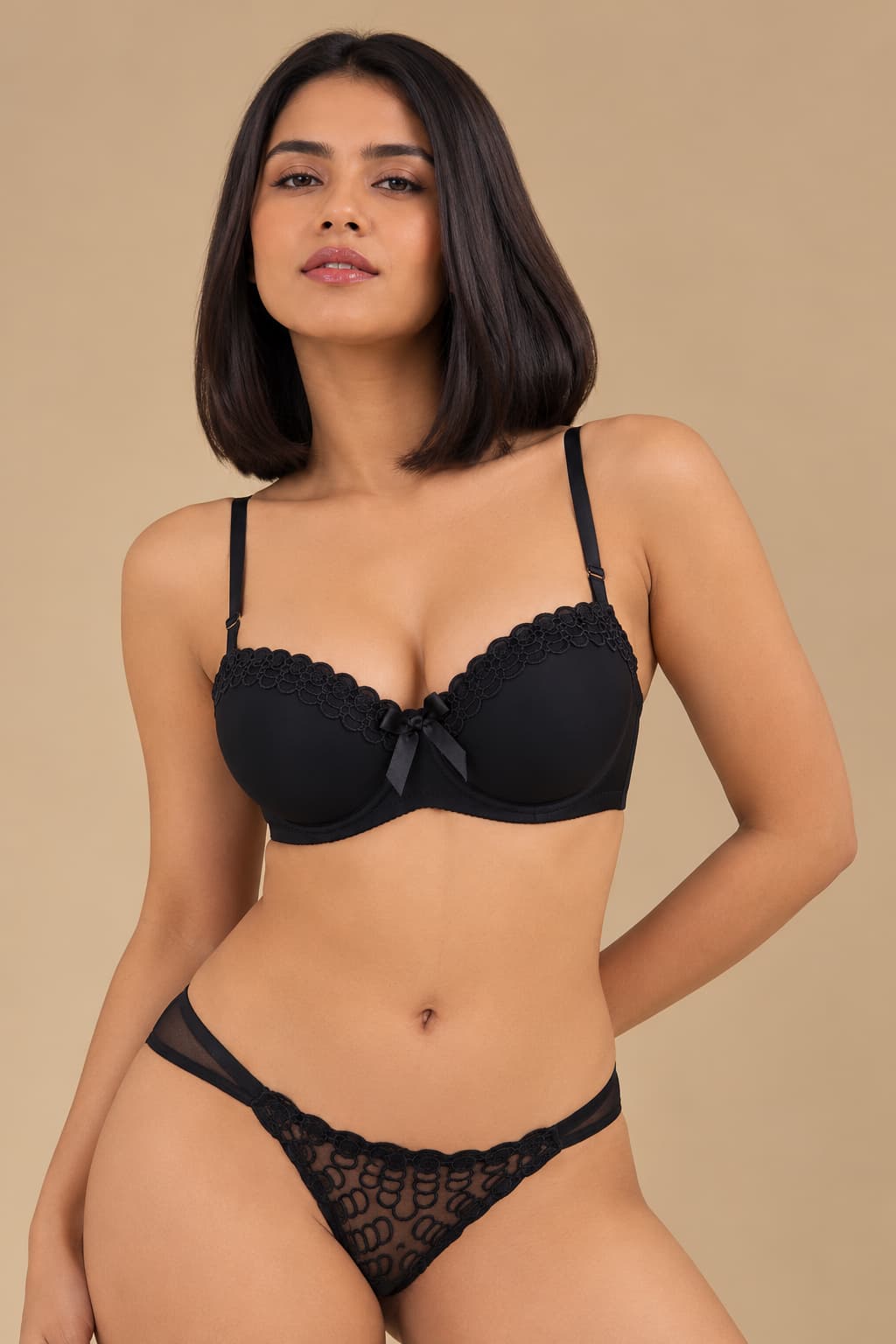 Butterfly Embroidered Underwire Bra Set – Black