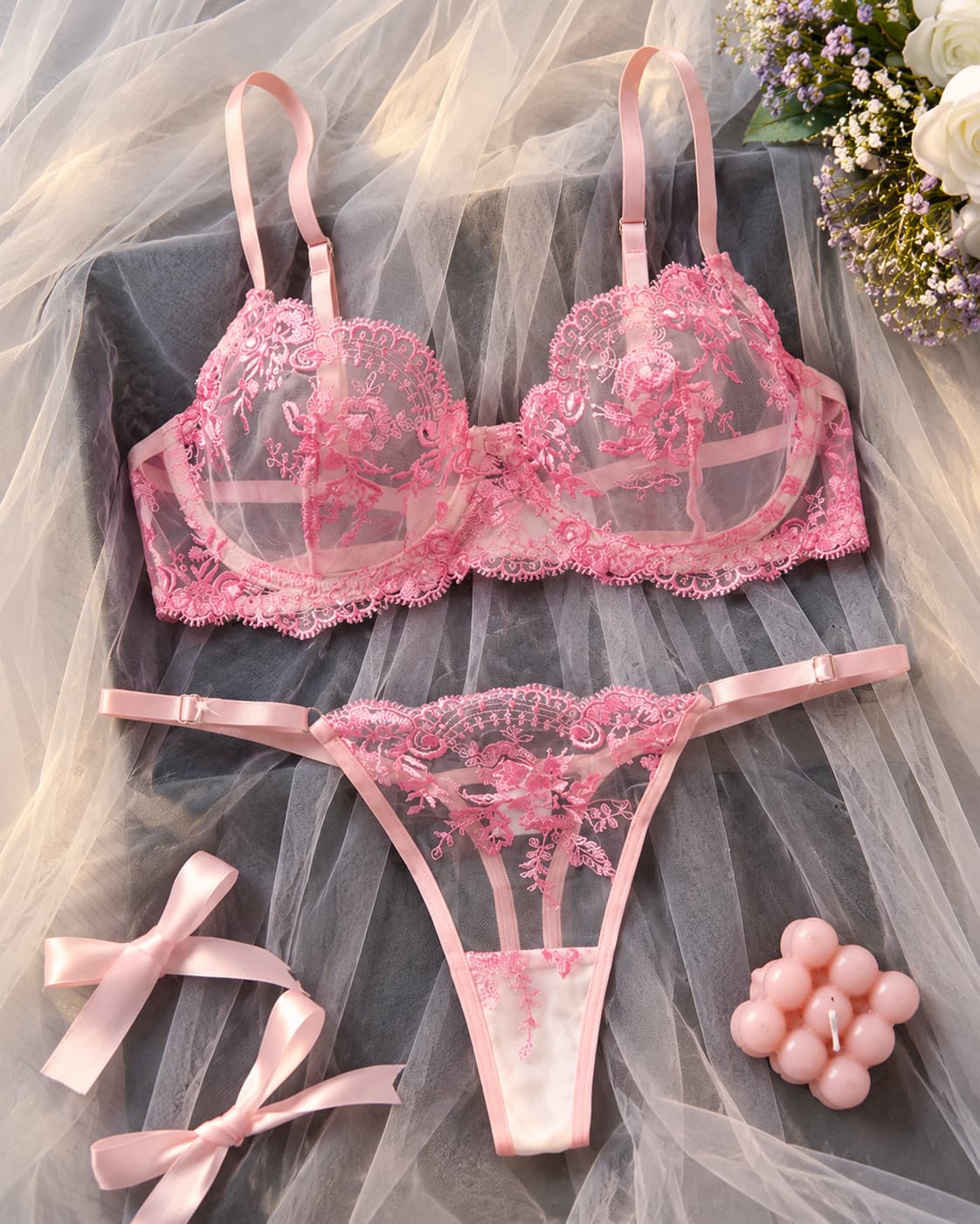 Hollow-Out Lace Mesh Lingerie Set – Pink