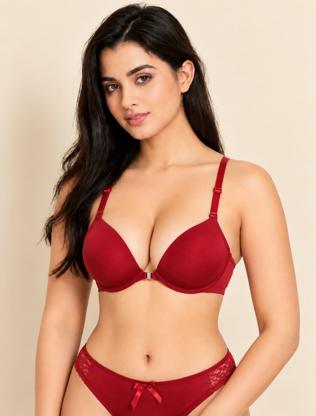 Butterfly Front Closure Push-Up Bra Set – Wine Red