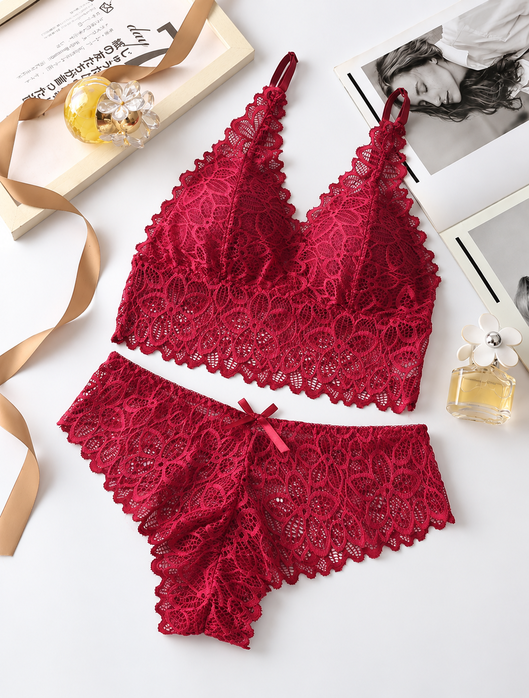 French-Inspired Wireless Lace Bra & Panty Set – Red