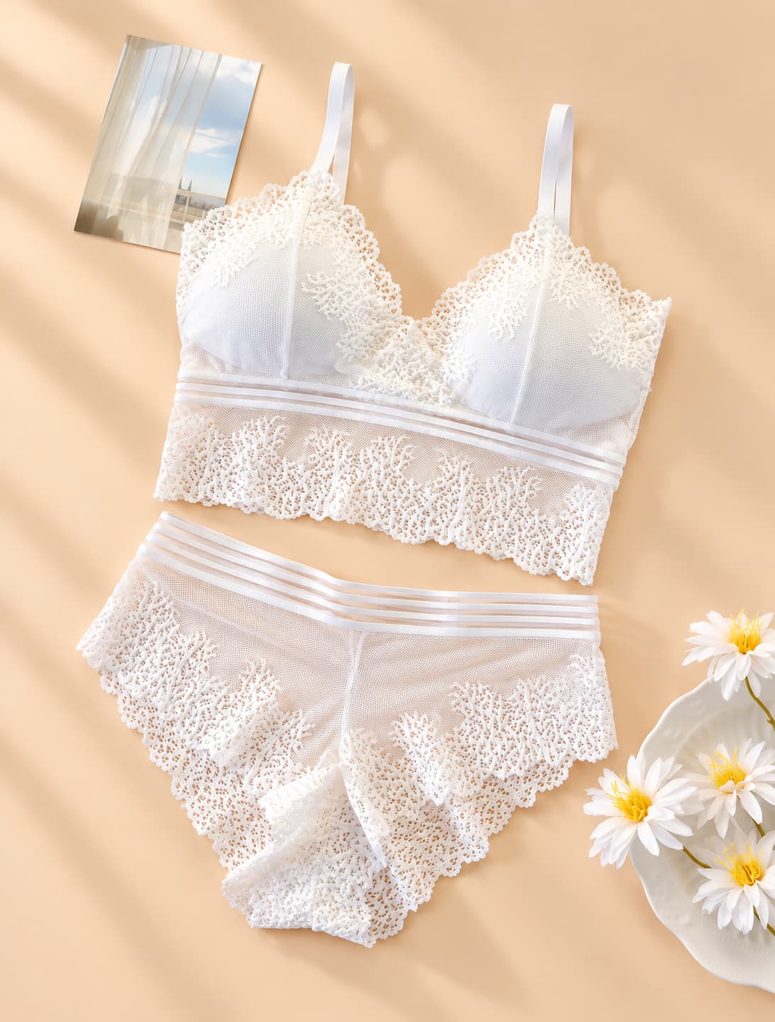 French Lace Beautiful Back Bra & Panty Set – White