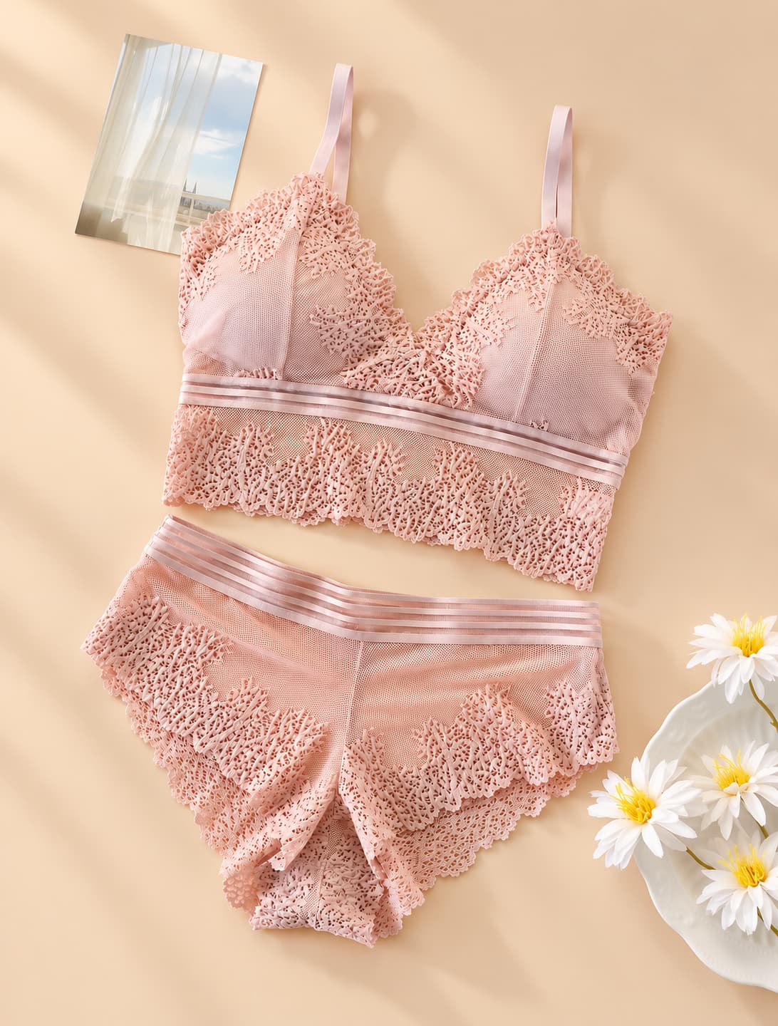 French Lace Beautiful Back Bra & Panty Set – Pink
